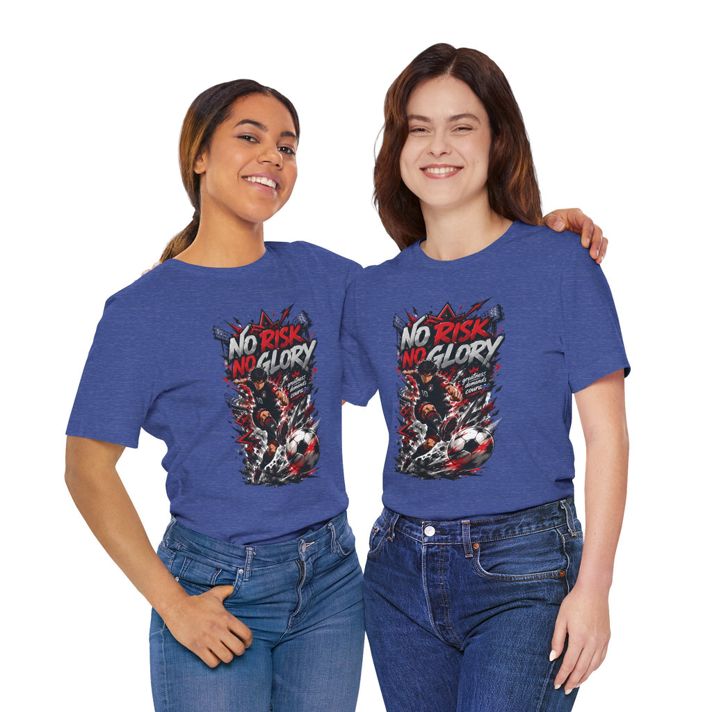No Risk No Glory Soccer T-Shirt — Dynamic Football Player Graphic Tee