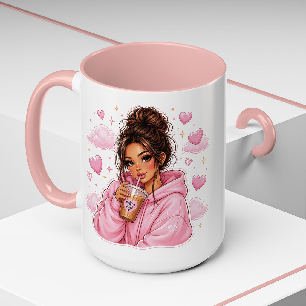 Cute Girl Pink Hoodie Coffee Mug — Iced Coffee Aesthetic Accent Mug (11/15oz)