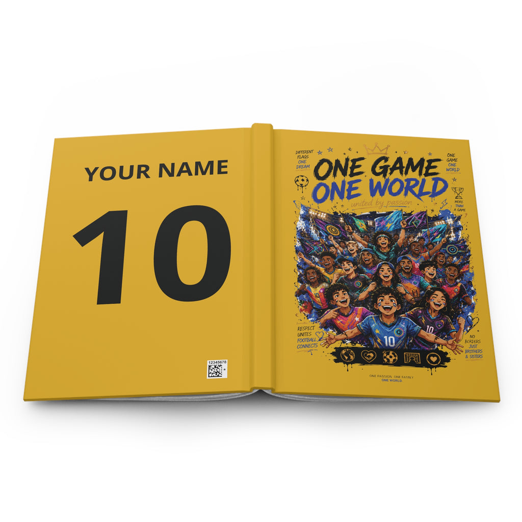 Hardcover Journal — "One Game One World" Soccer Team Notebook (Custom Name & Number)