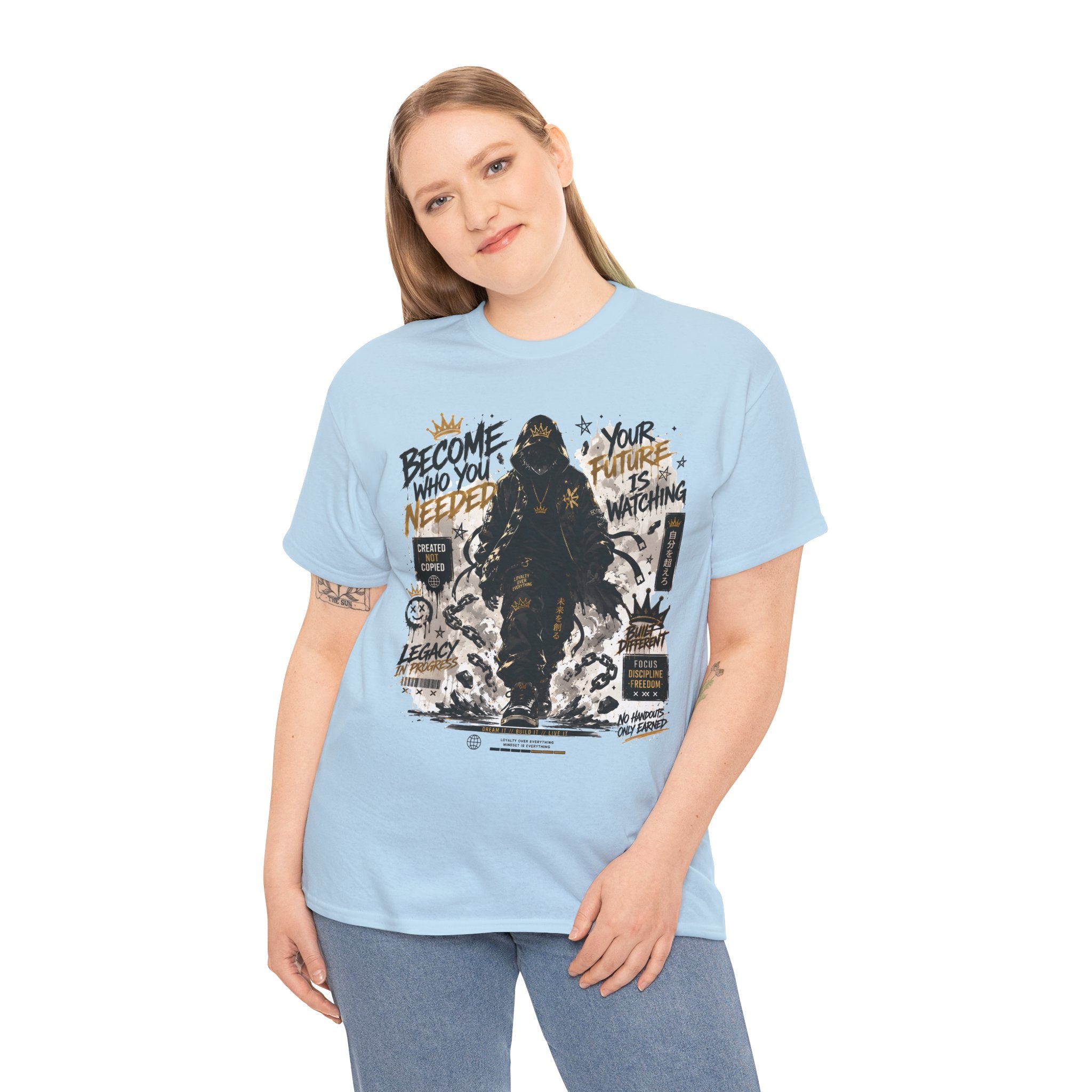 Motivational Soldier Graphic Tee – "Become Who You Needed" Inspirational Military Design