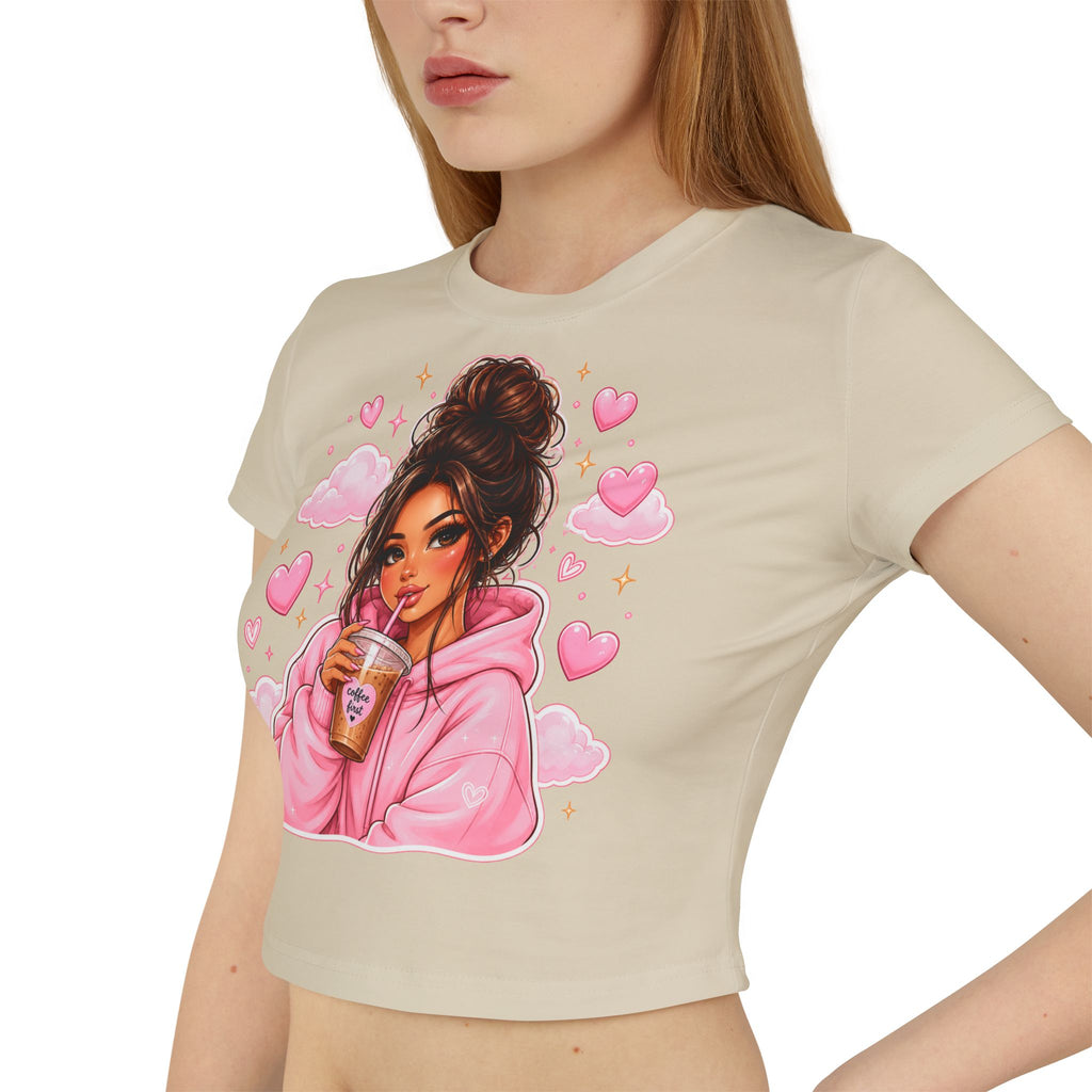 Baby Tee — Cute Girl Drinking Coffee Illustration, Pink Hearts Cozy Aesthetic Top