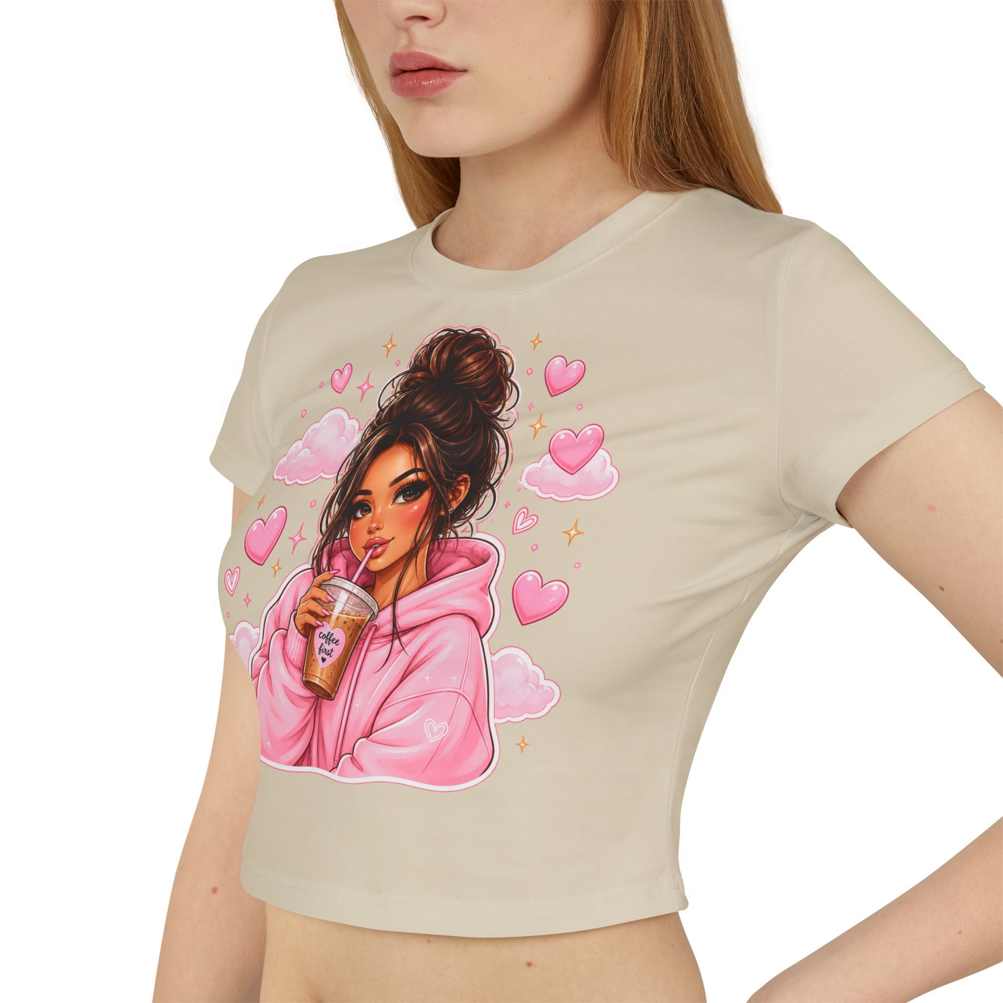 Baby Tee — Cute Girl Drinking Coffee Illustration, Pink Hearts Cozy Aesthetic Top