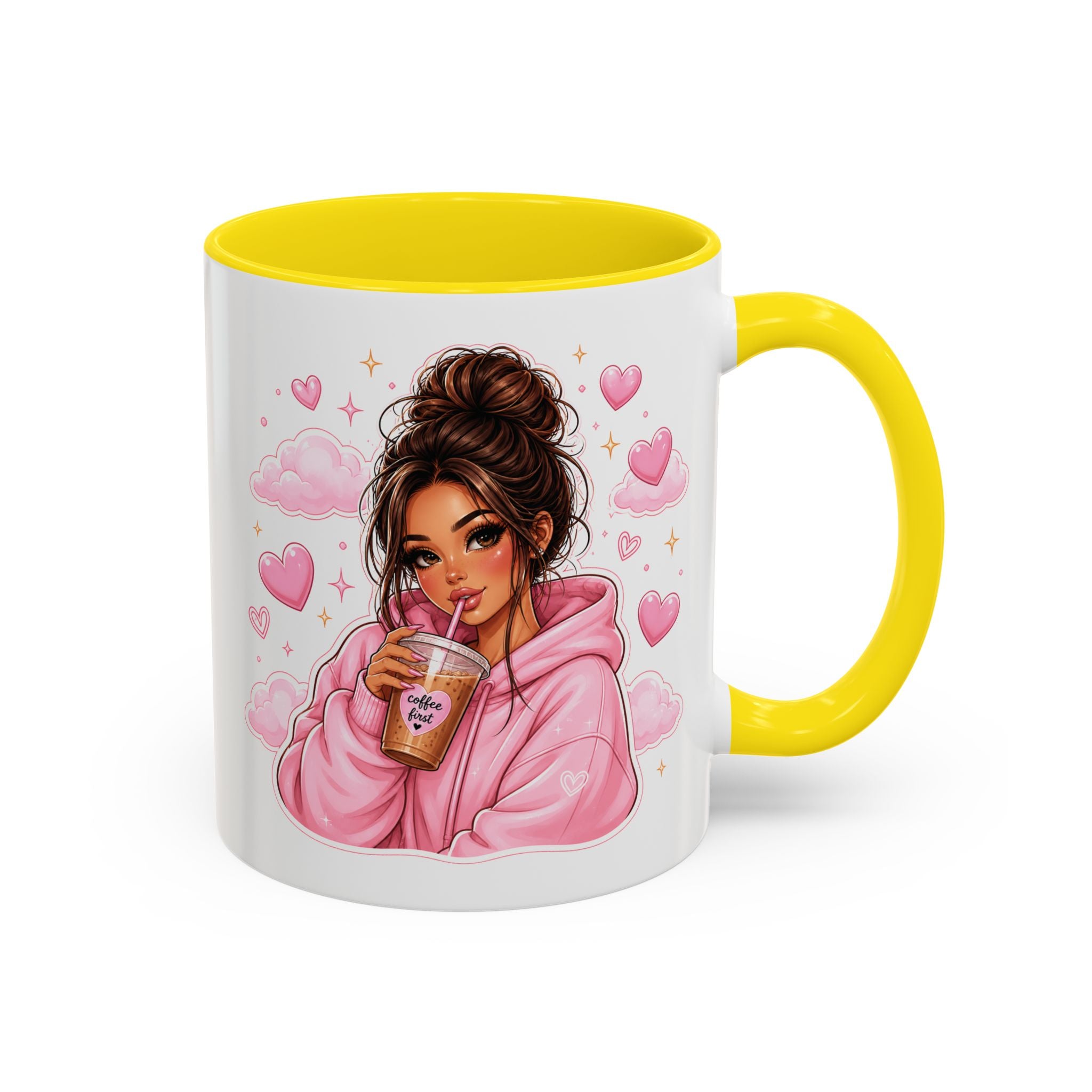 Cute Girl Pink Hoodie Coffee Mug — Iced Coffee Aesthetic Accent Mug (11/15oz)