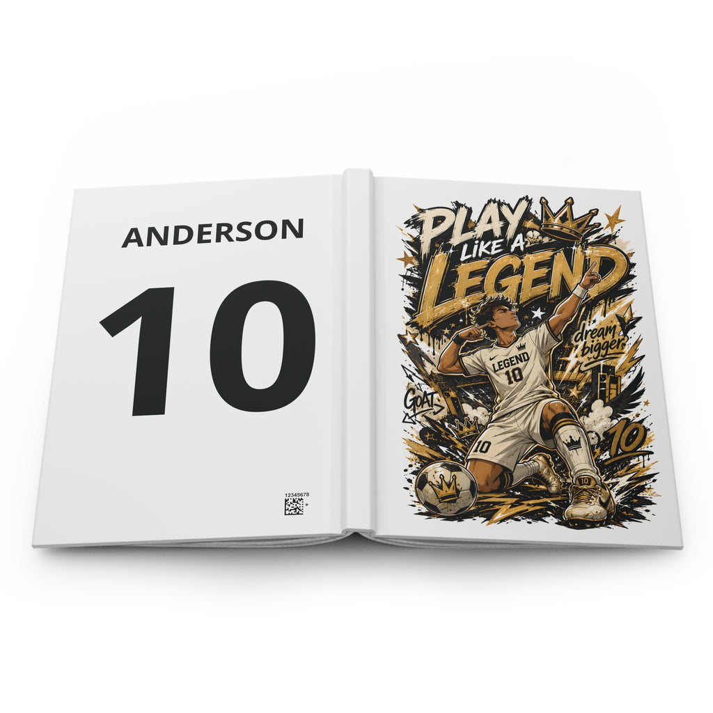 Play Like a Legend Soccer Hardcover Journal — Personalized Name & Number Notebook