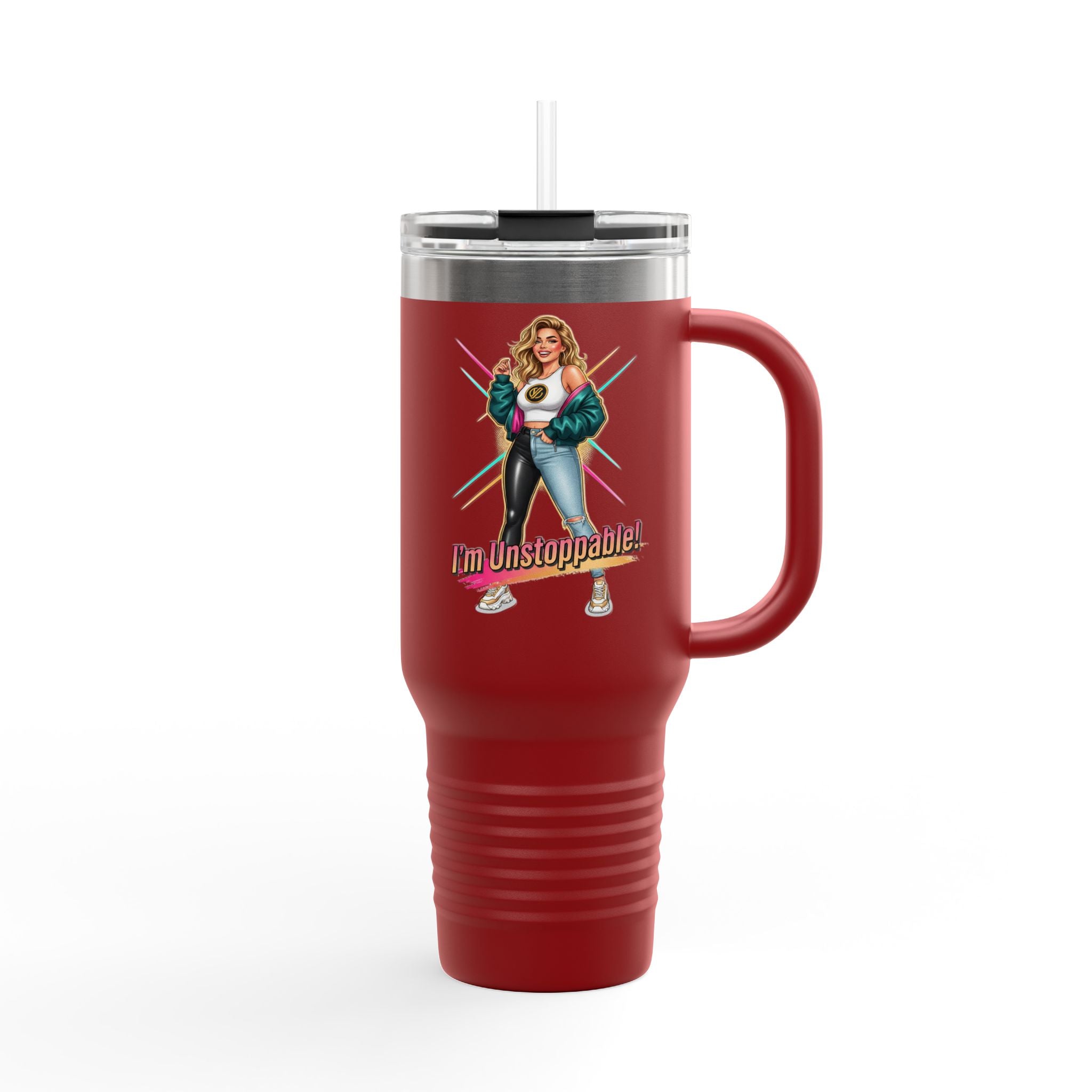 40oz Insulated Travel Mug — “I’m Unstoppable” Retro Fitness Graphic