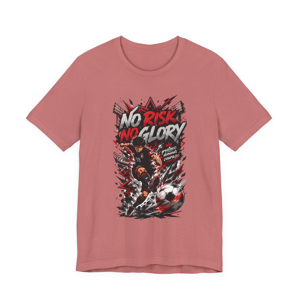 No Risk No Glory Soccer T-Shirt — Dynamic Football Player Graphic Tee