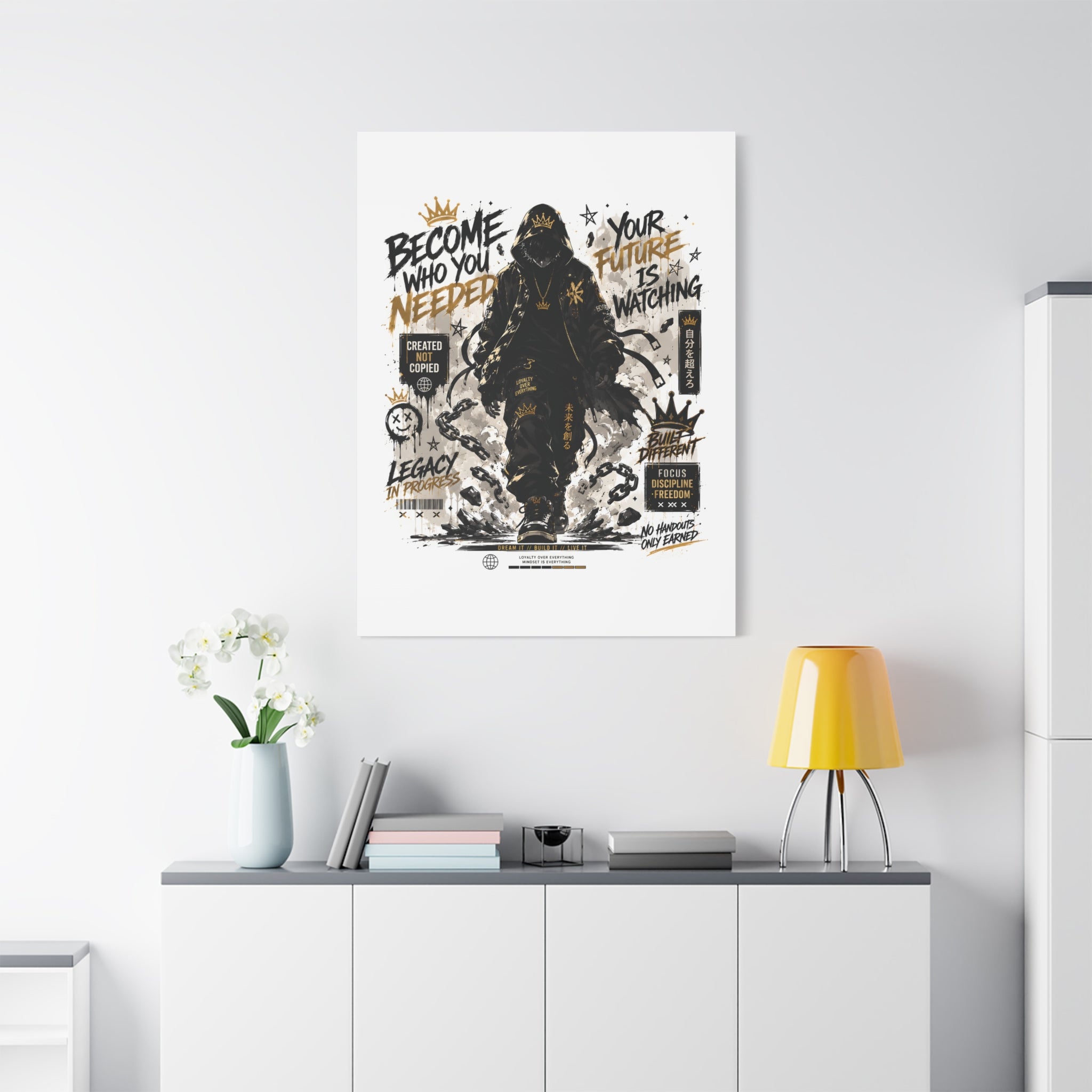 Motivational Street Art Canvas — "Become Who You Needed" Stretched Matte Print