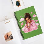 Green Aesthetic Notebook — Cozy Girl Drinking Coffee Illustration Spiral Journal