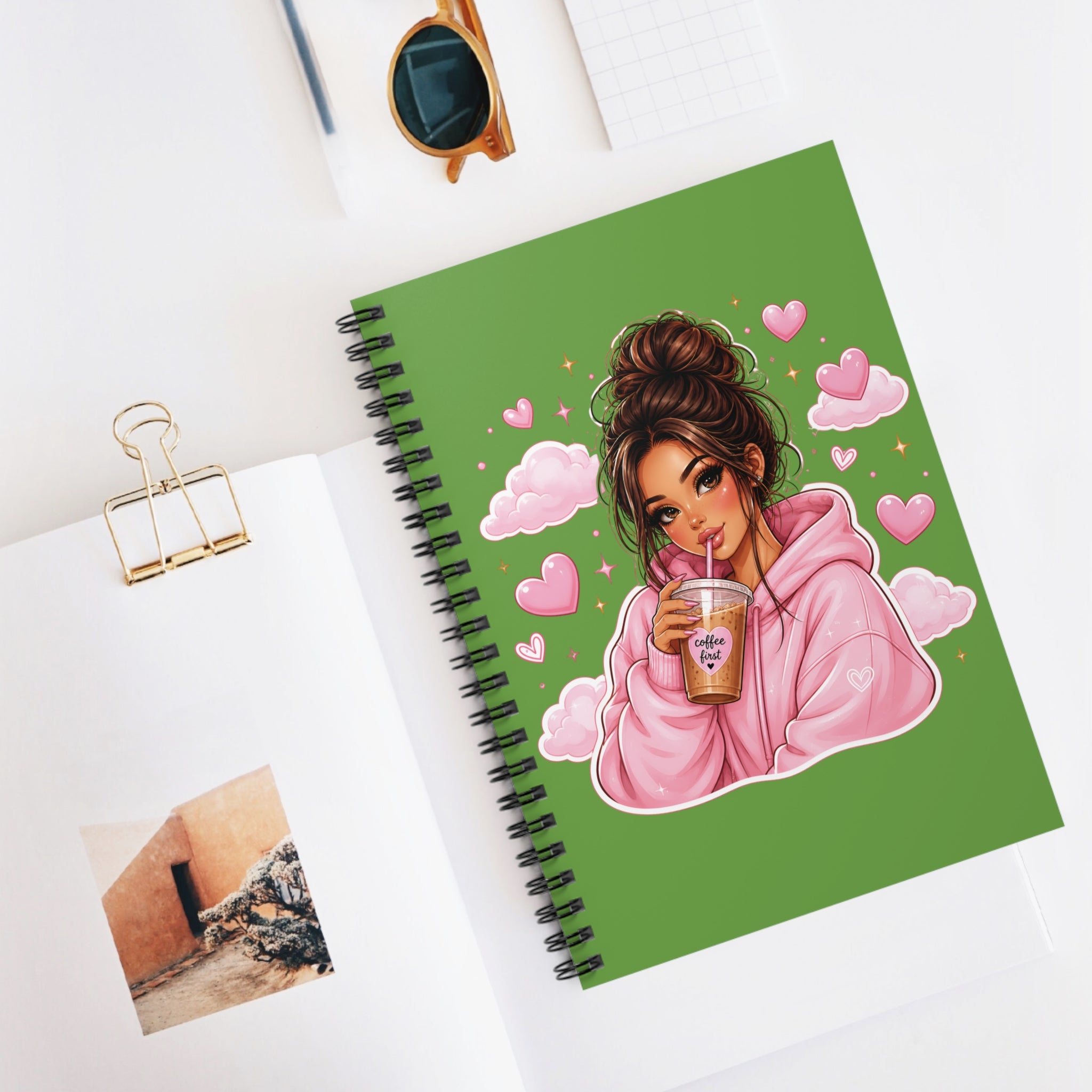 Green Aesthetic Notebook — Cozy Girl Drinking Coffee Illustration Spiral Journal