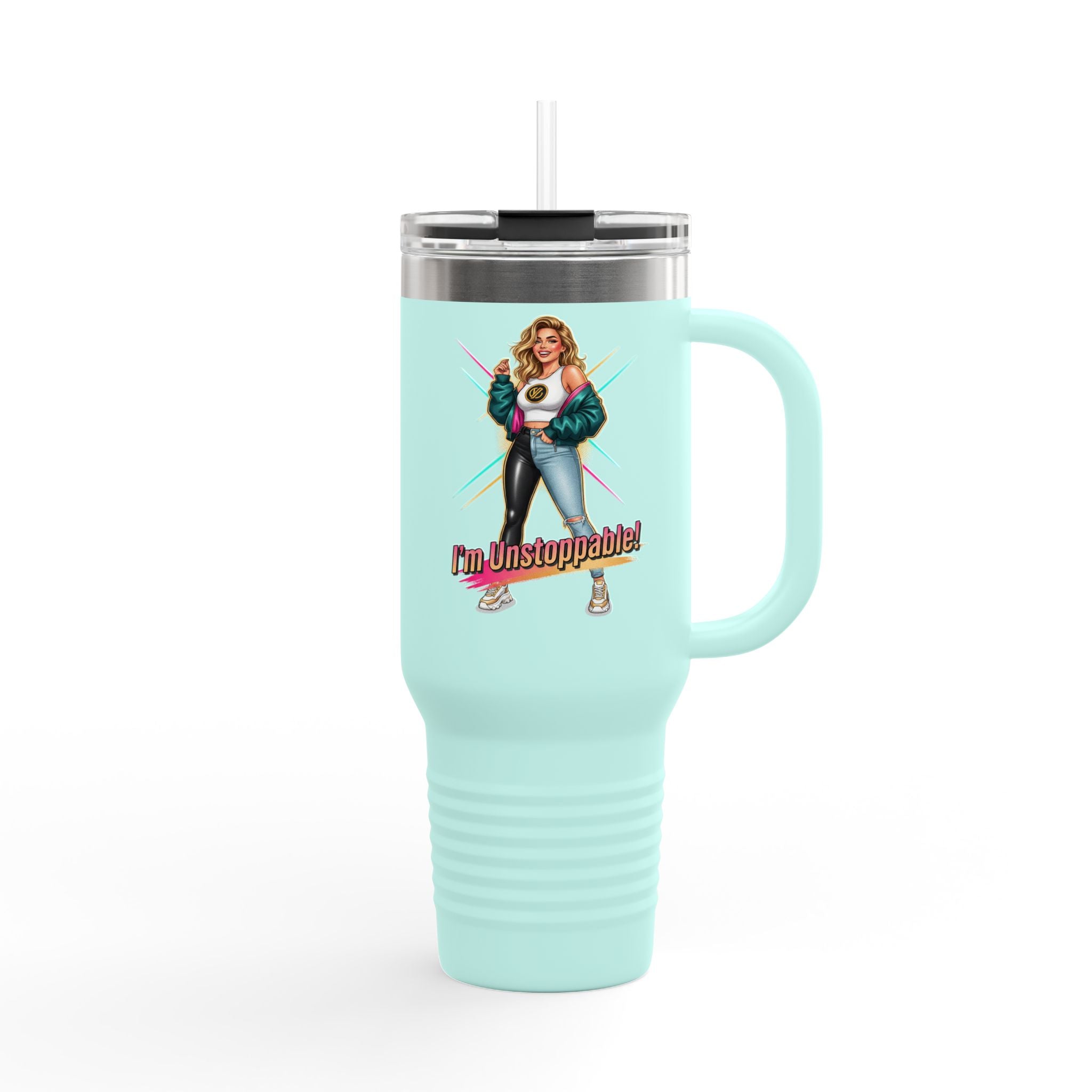 40oz Insulated Travel Mug — “I’m Unstoppable” Retro Fitness Graphic