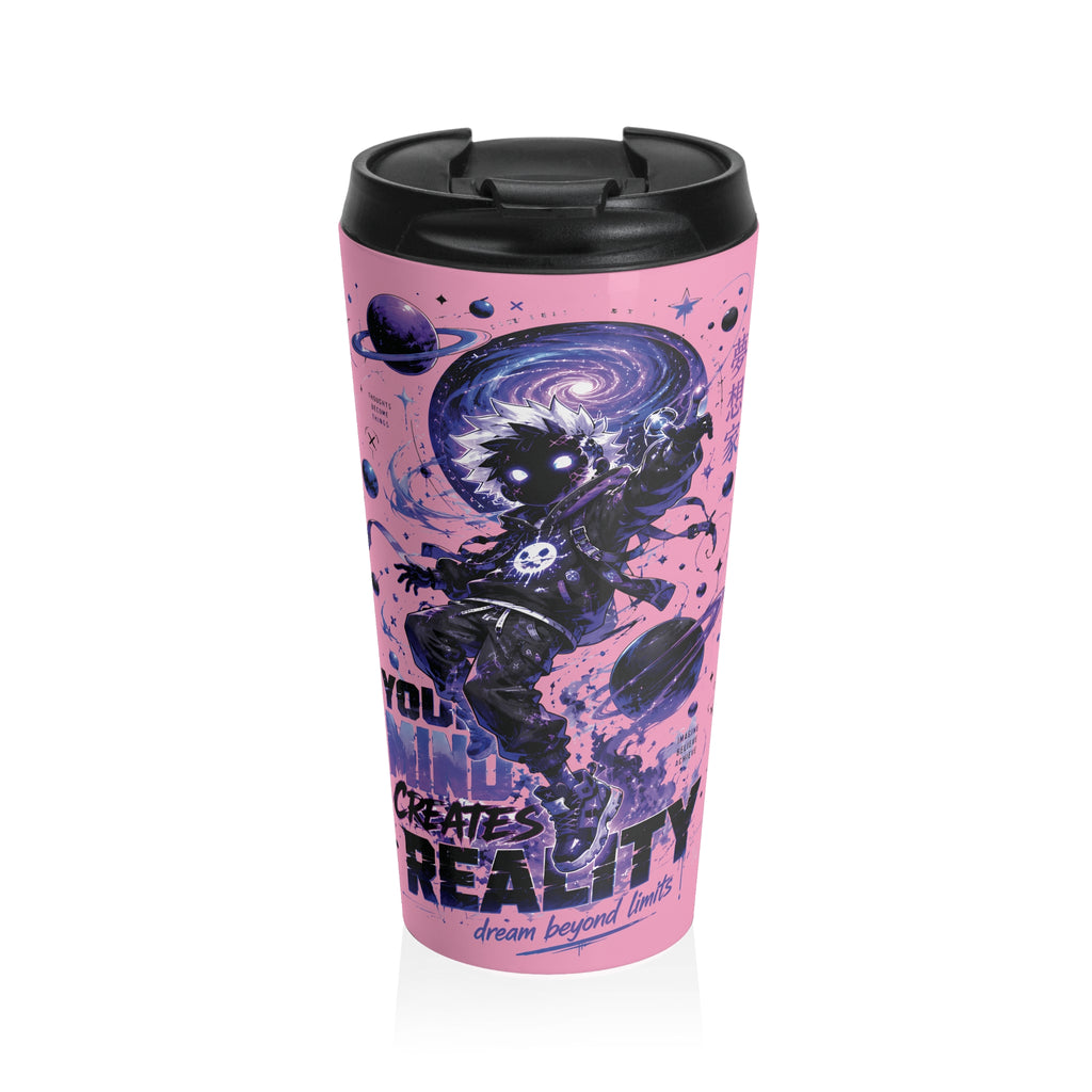 Galaxy Astronaut Travel Mug — "You Create Reality" Pink Stainless Steel Tumbler (Carnation Pink)