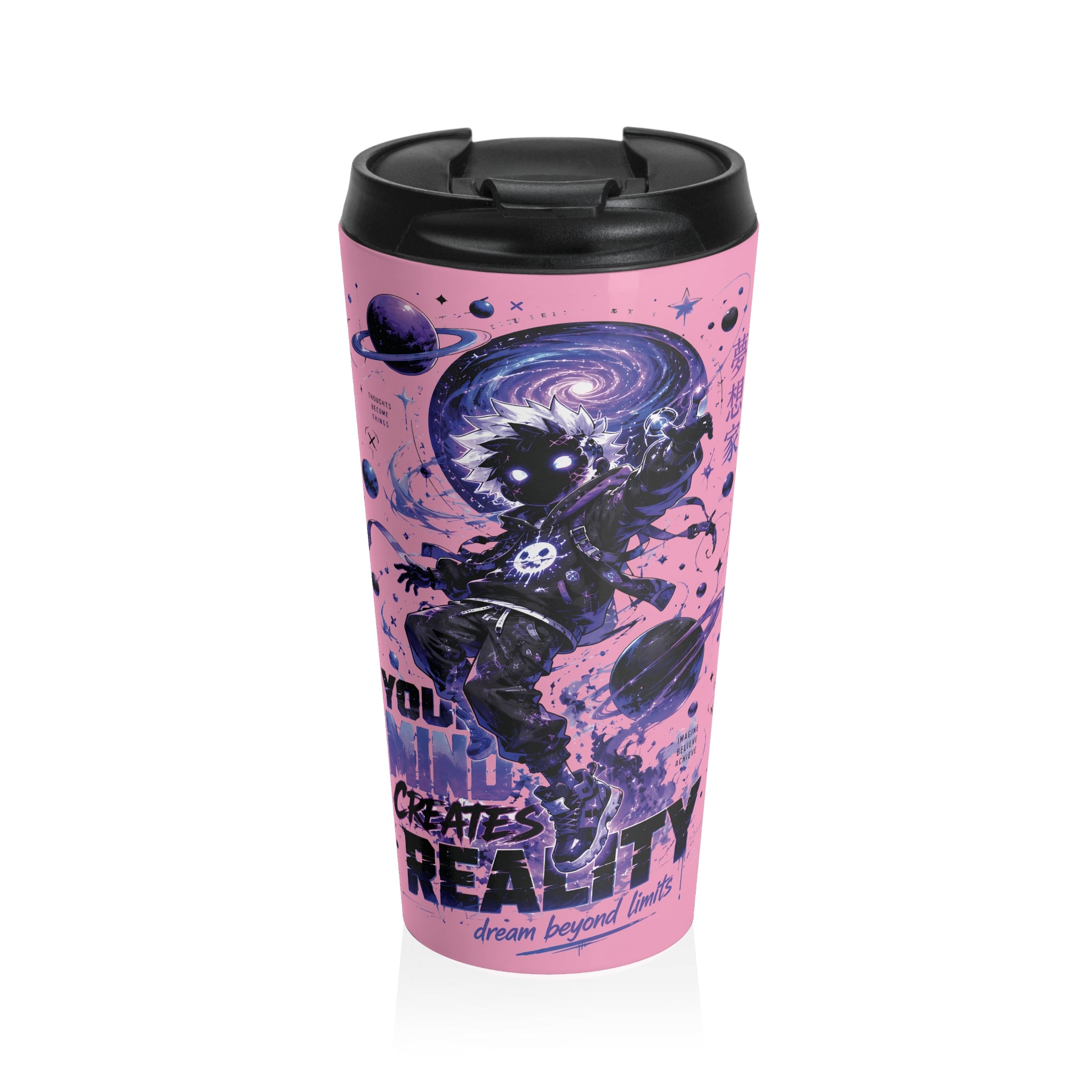 Galaxy Astronaut Travel Mug — "You Create Reality" Pink Stainless Steel Tumbler (Carnation Pink)