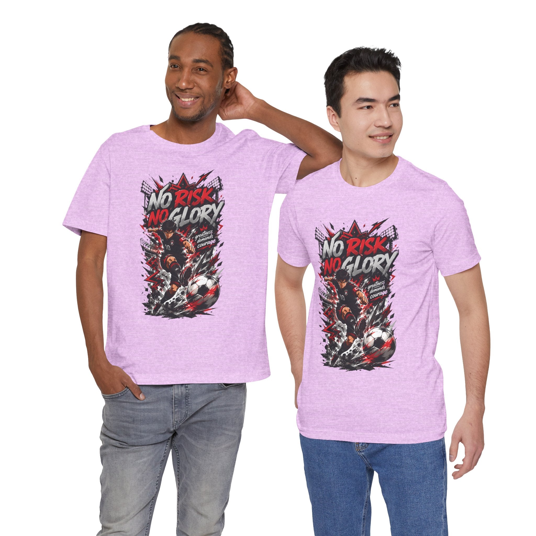 No Risk No Glory Soccer T-Shirt — Dynamic Football Player Graphic Tee