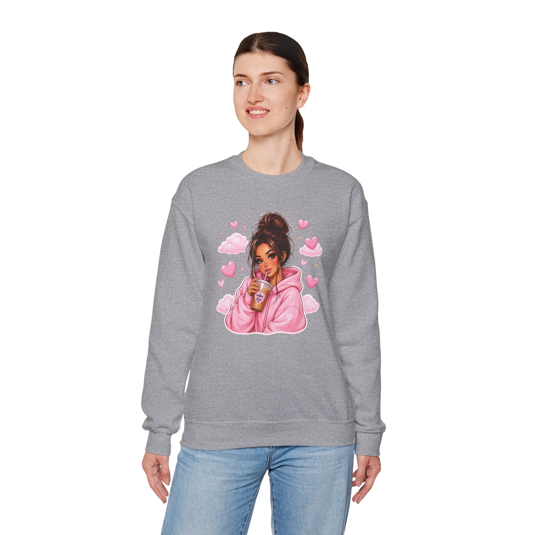 Cozy Pink Heart Girl Crewneck Sweatshirt