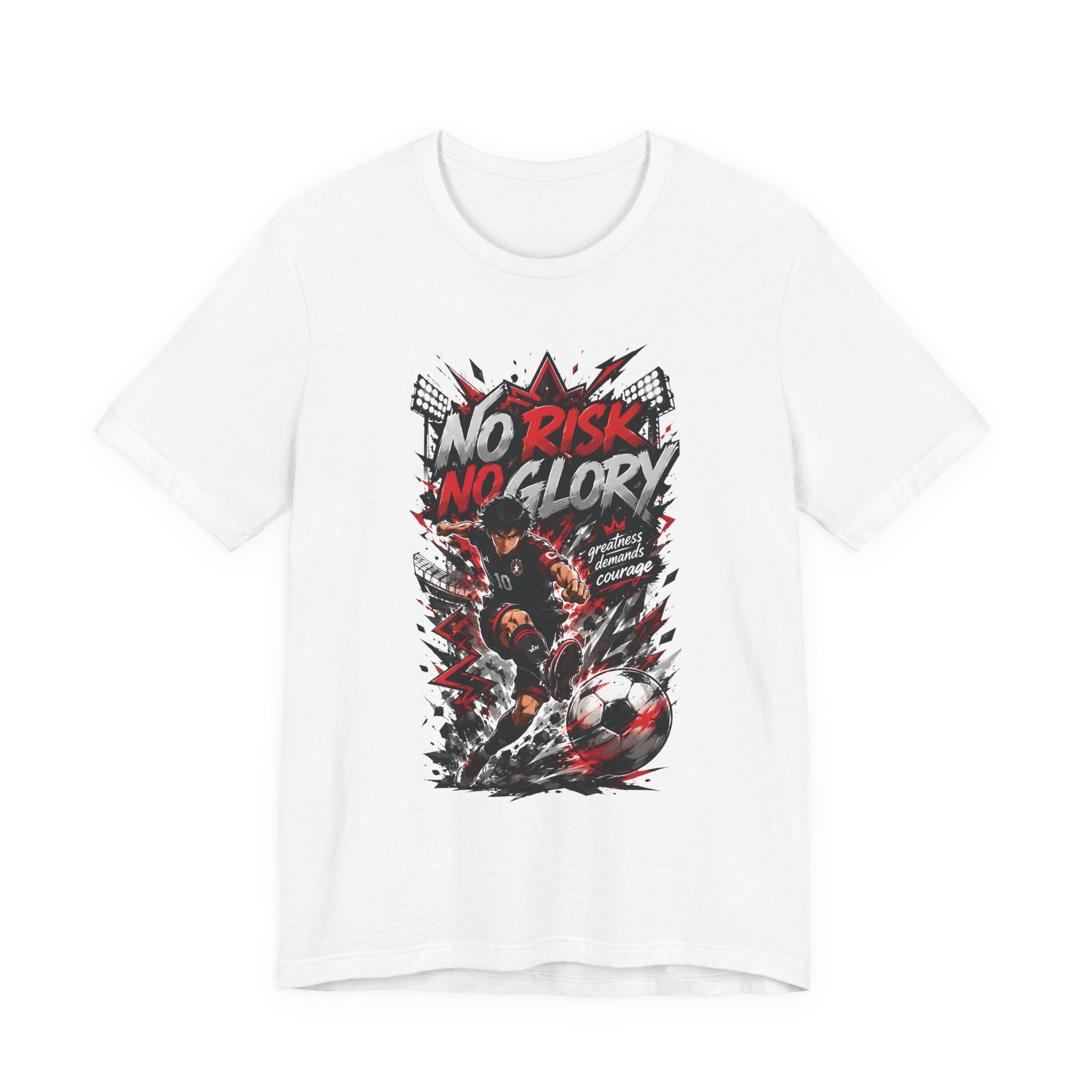 No Risk No Glory Soccer T-Shirt — Dynamic Football Player Graphic Tee