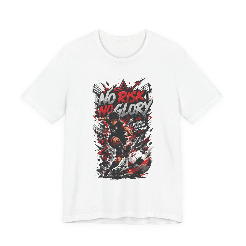 No Risk No Glory Soccer T-Shirt — Dynamic Football Player Graphic Tee