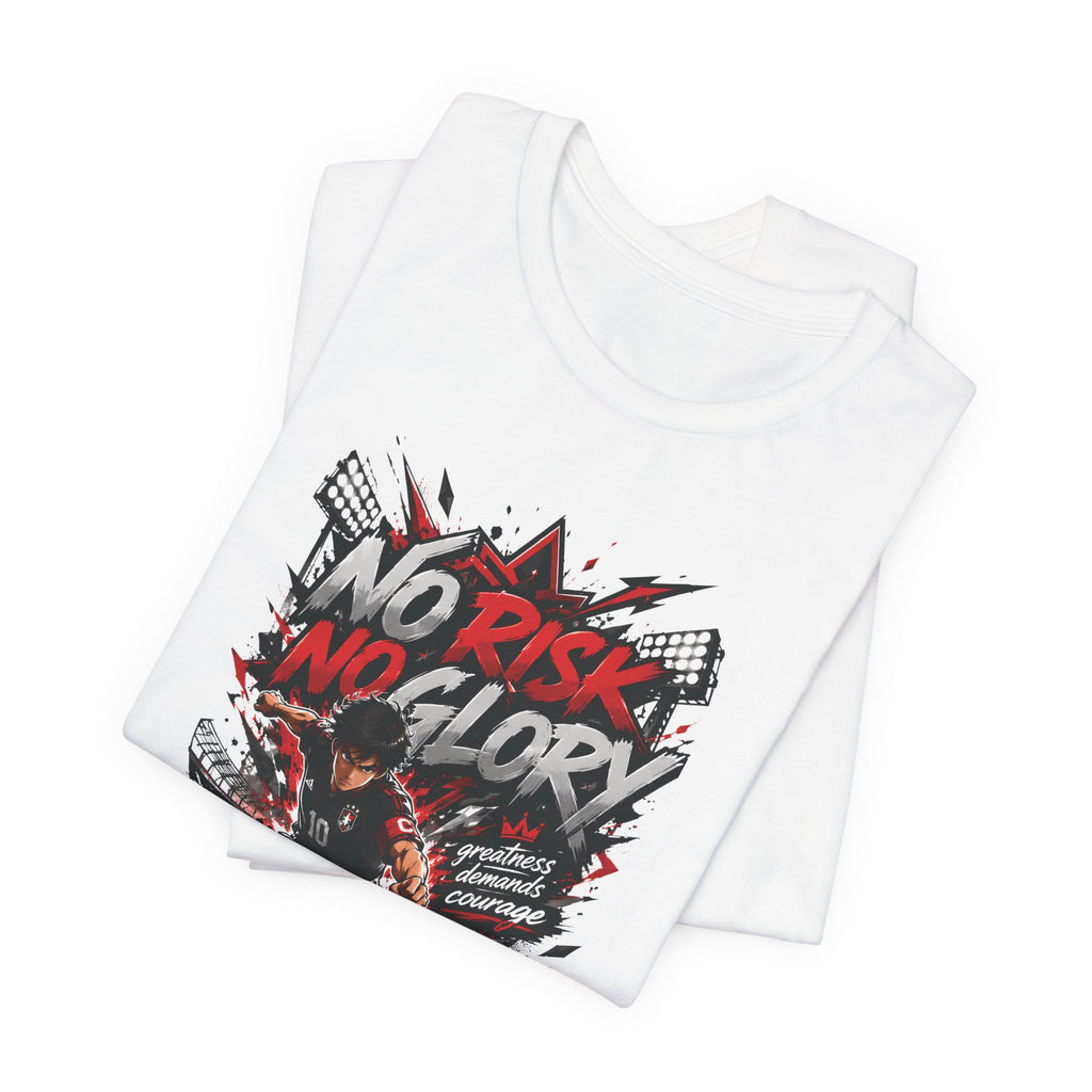 No Risk No Glory Soccer T-Shirt — Dynamic Football Player Graphic Tee