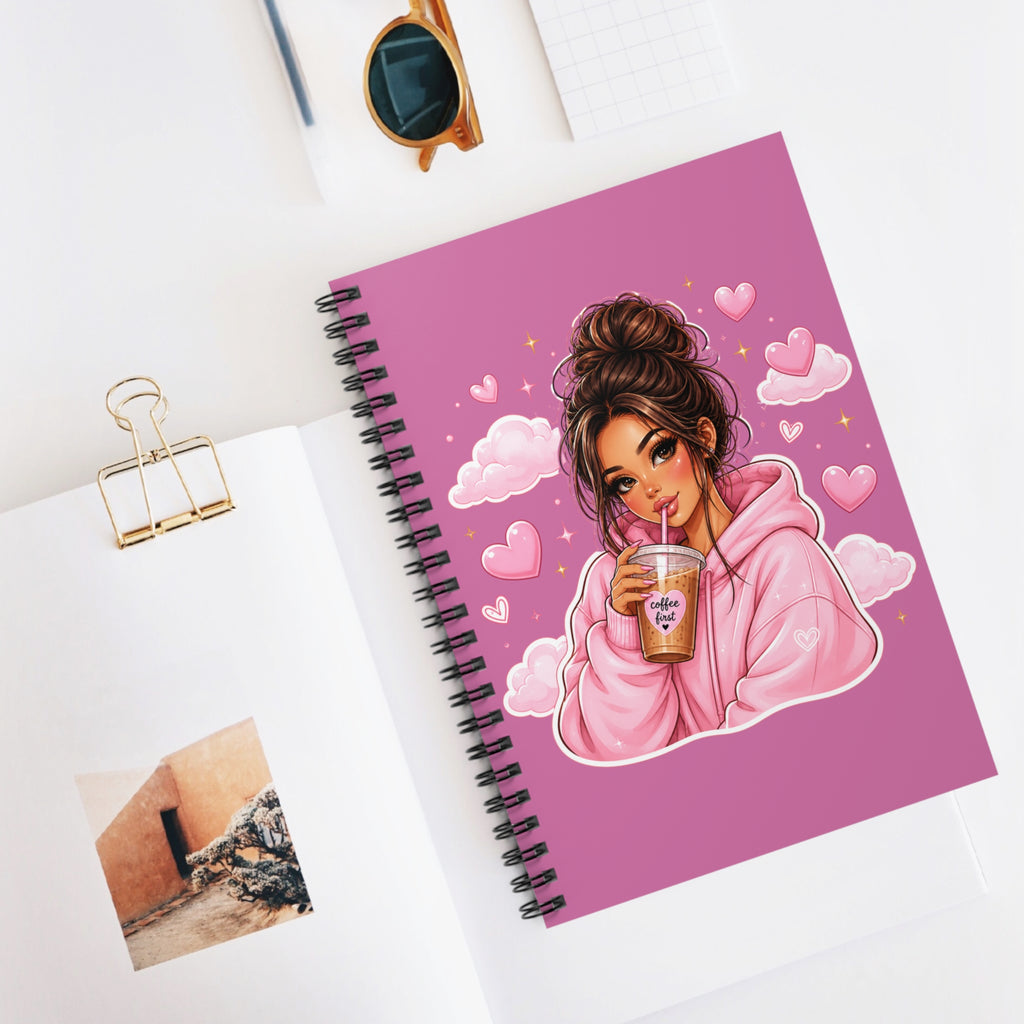 Pink Cozy Girl Spiral Notebook — Cute Coffee Aesthetic Ruled Journal