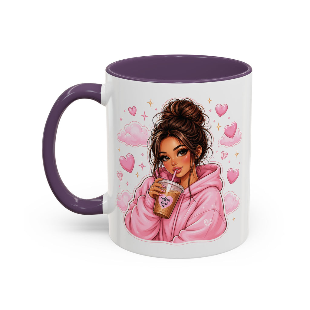 Cute Girl Pink Hoodie Coffee Mug — Iced Coffee Aesthetic Accent Mug (11/15oz)