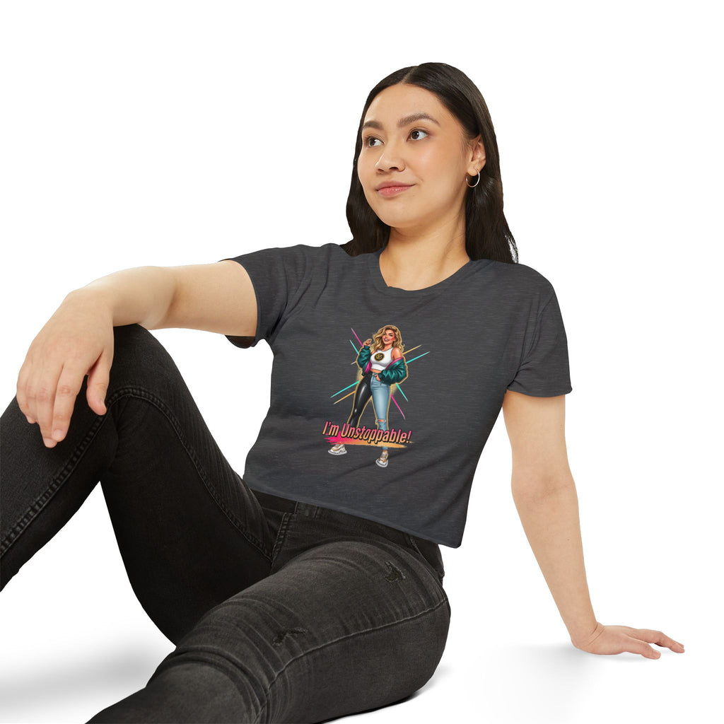 Women’s Festival Crop Top — “I’m Unstoppable!” Retro 80s Empowerment Tee
