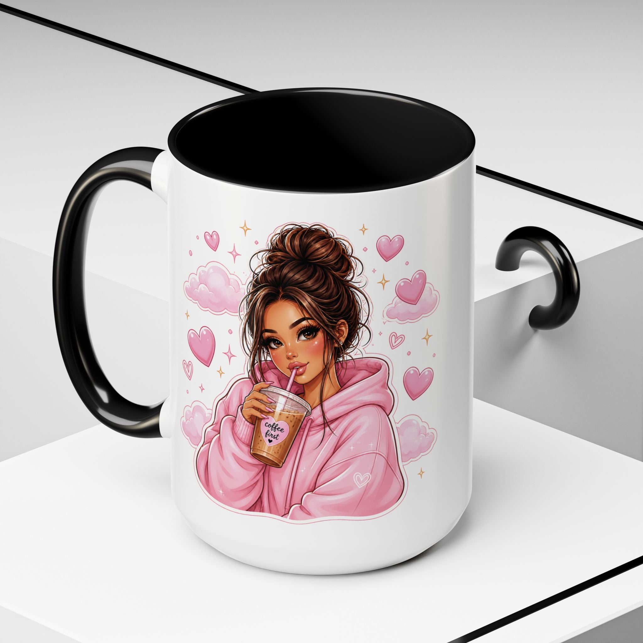 Cute Girl Pink Hoodie Coffee Mug — Iced Coffee Aesthetic Accent Mug (11/15oz)