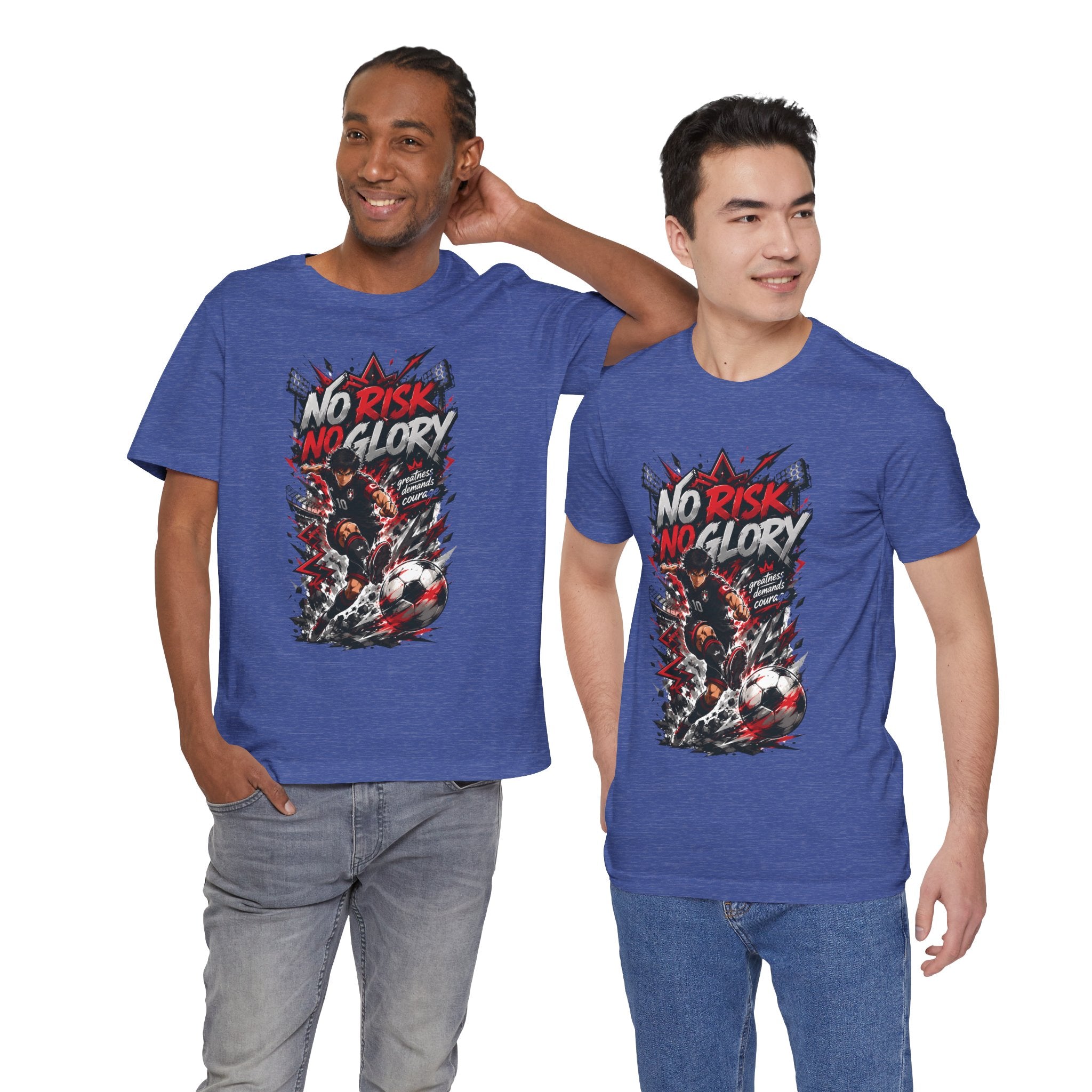 No Risk No Glory Soccer T-Shirt — Dynamic Football Player Graphic Tee