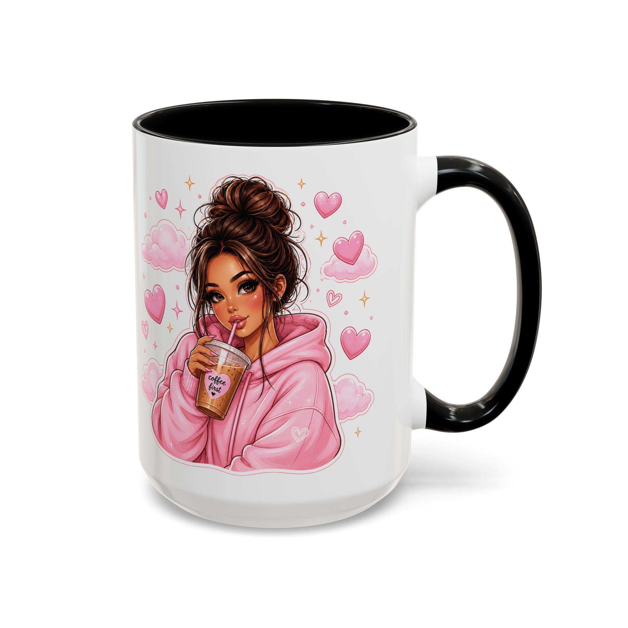 Cute Girl Pink Hoodie Coffee Mug — Iced Coffee Aesthetic Accent Mug (11/15oz)
