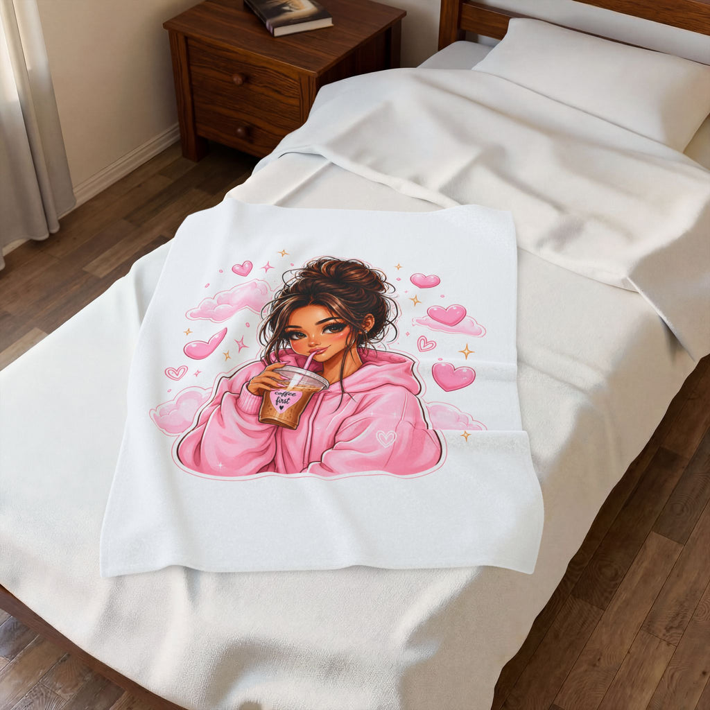 Velveteen Plush Blanket — Cozy Pink Hoodie Girl with Coffee Illustration