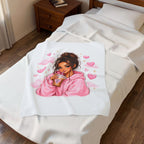 Velveteen Plush Blanket — Cozy Pink Hoodie Girl with Coffee Illustration