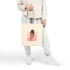 Cute Girl with Coffee Canvas Tote Bag - Pink Hoodie Illustration