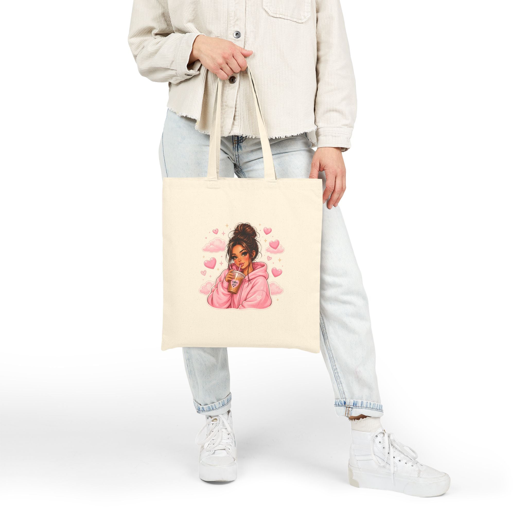 Cute Girl with Coffee Canvas Tote Bag - Pink Hoodie Illustration