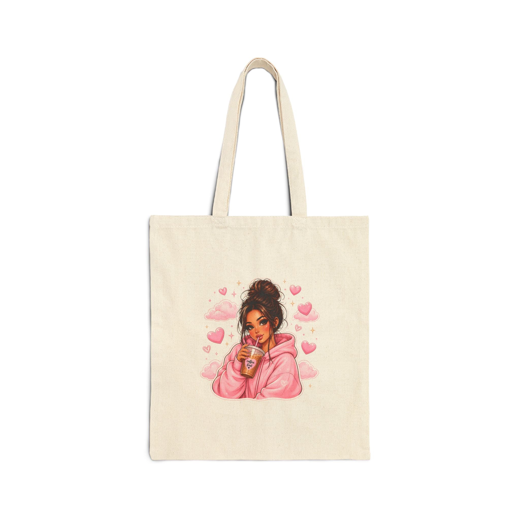 Cute Girl with Coffee Canvas Tote Bag - Pink Hoodie Illustration