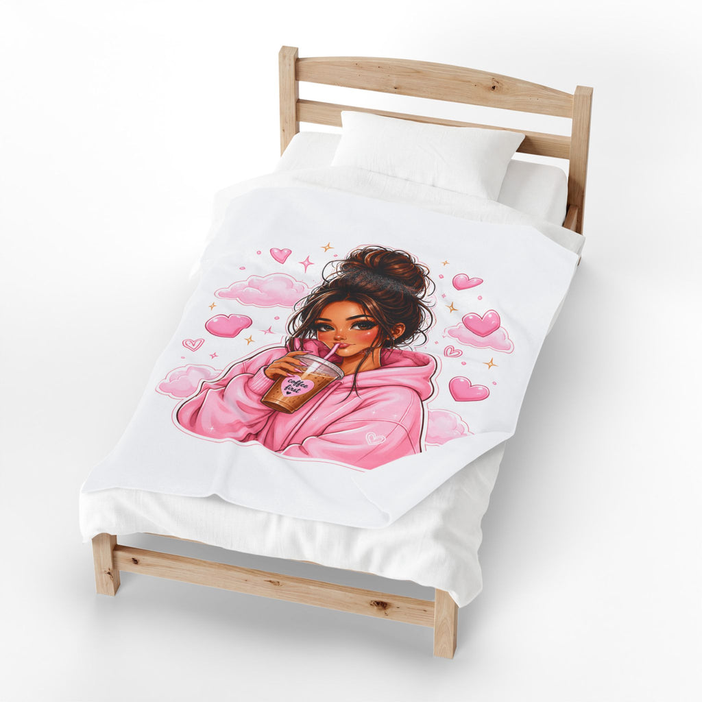 Velveteen Plush Blanket — Cozy Pink Hoodie Girl with Coffee Illustration