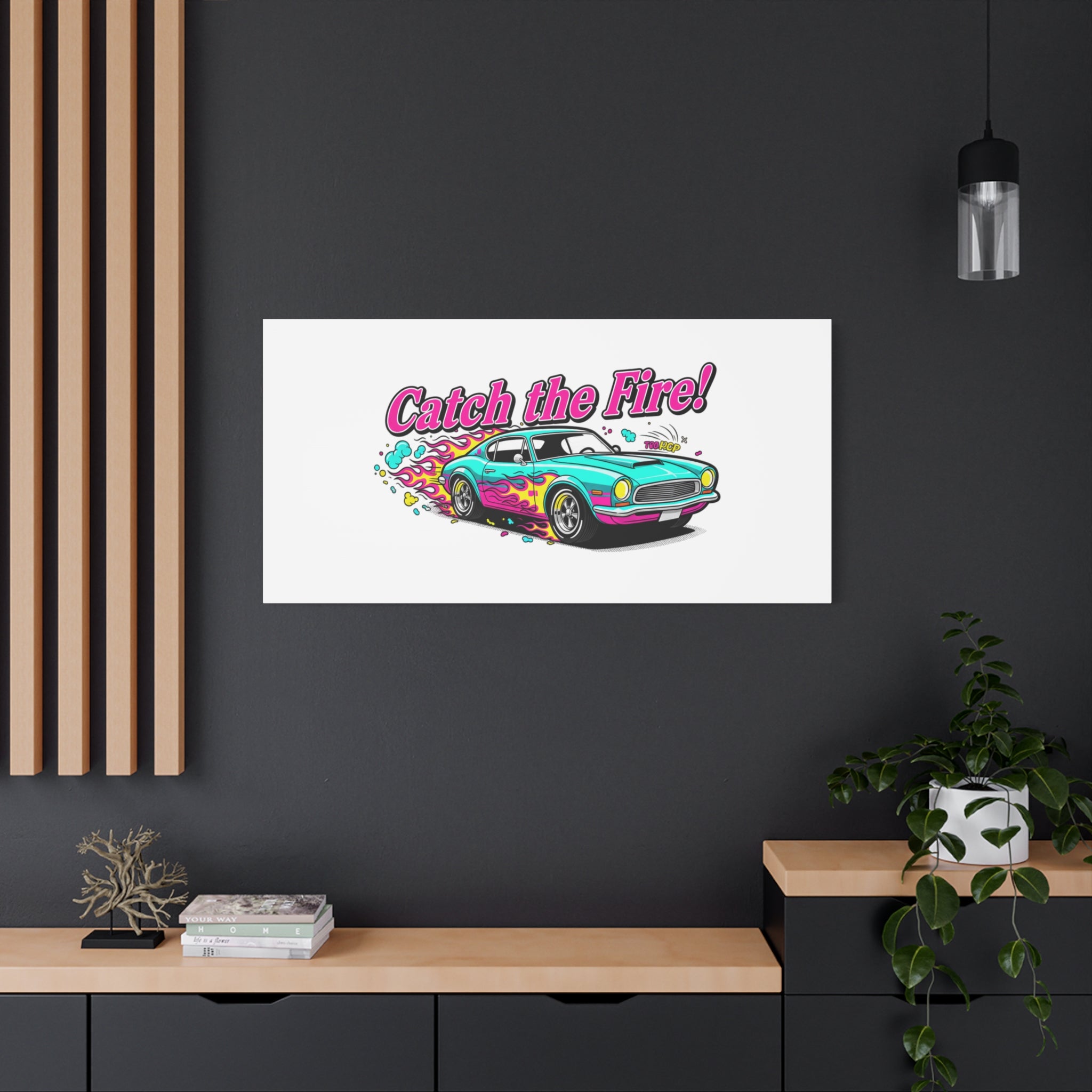 Catch the Fire Retro Car Canvas | Cartoon Racing Flame, Vintage Car Illustration