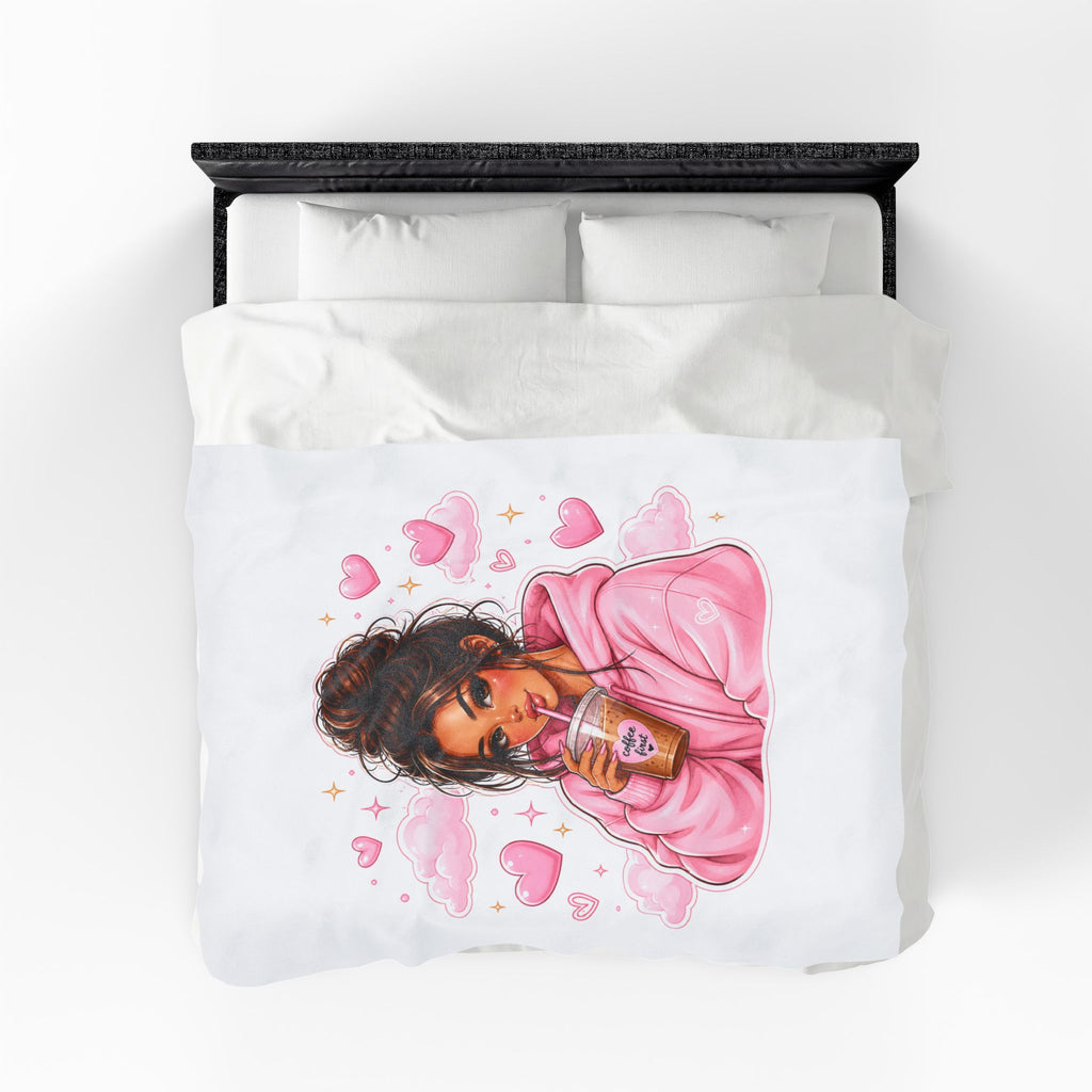 Velveteen Plush Blanket — Cozy Pink Hoodie Girl with Coffee Illustration