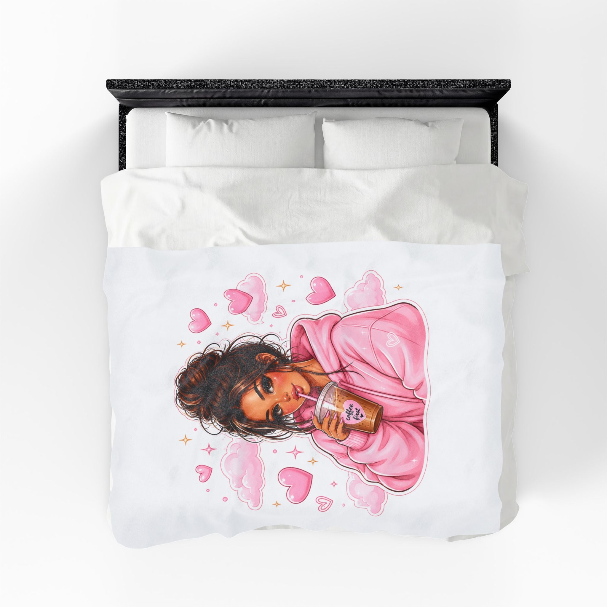 Velveteen Plush Blanket — Cozy Pink Hoodie Girl with Coffee Illustration
