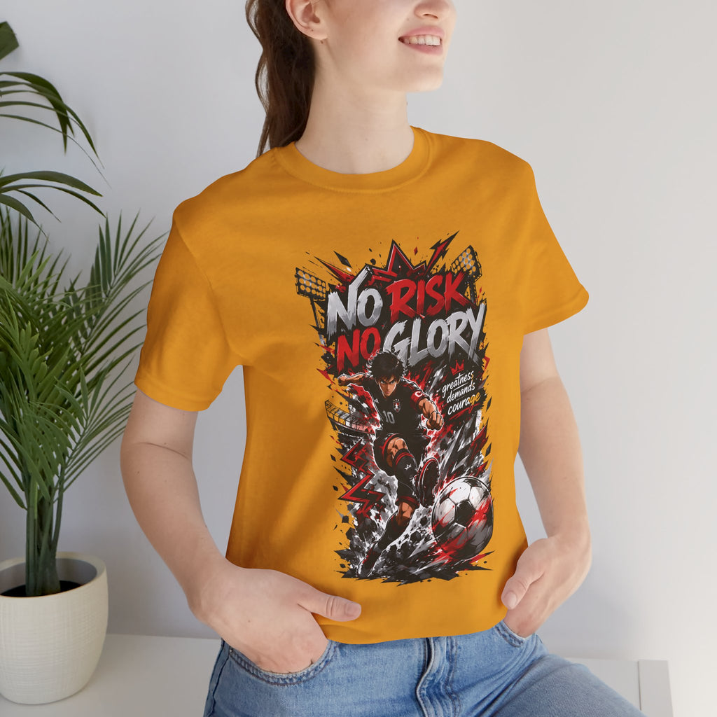 No Risk No Glory Soccer T-Shirt — Dynamic Football Player Graphic Tee