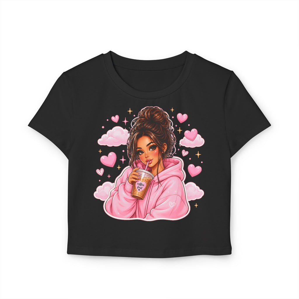 Baby Tee — Cute Girl Drinking Coffee Illustration, Pink Hearts Cozy Aesthetic Top