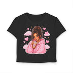 Baby Tee — Cute Girl Drinking Coffee Illustration, Pink Hearts Cozy Aesthetic Top