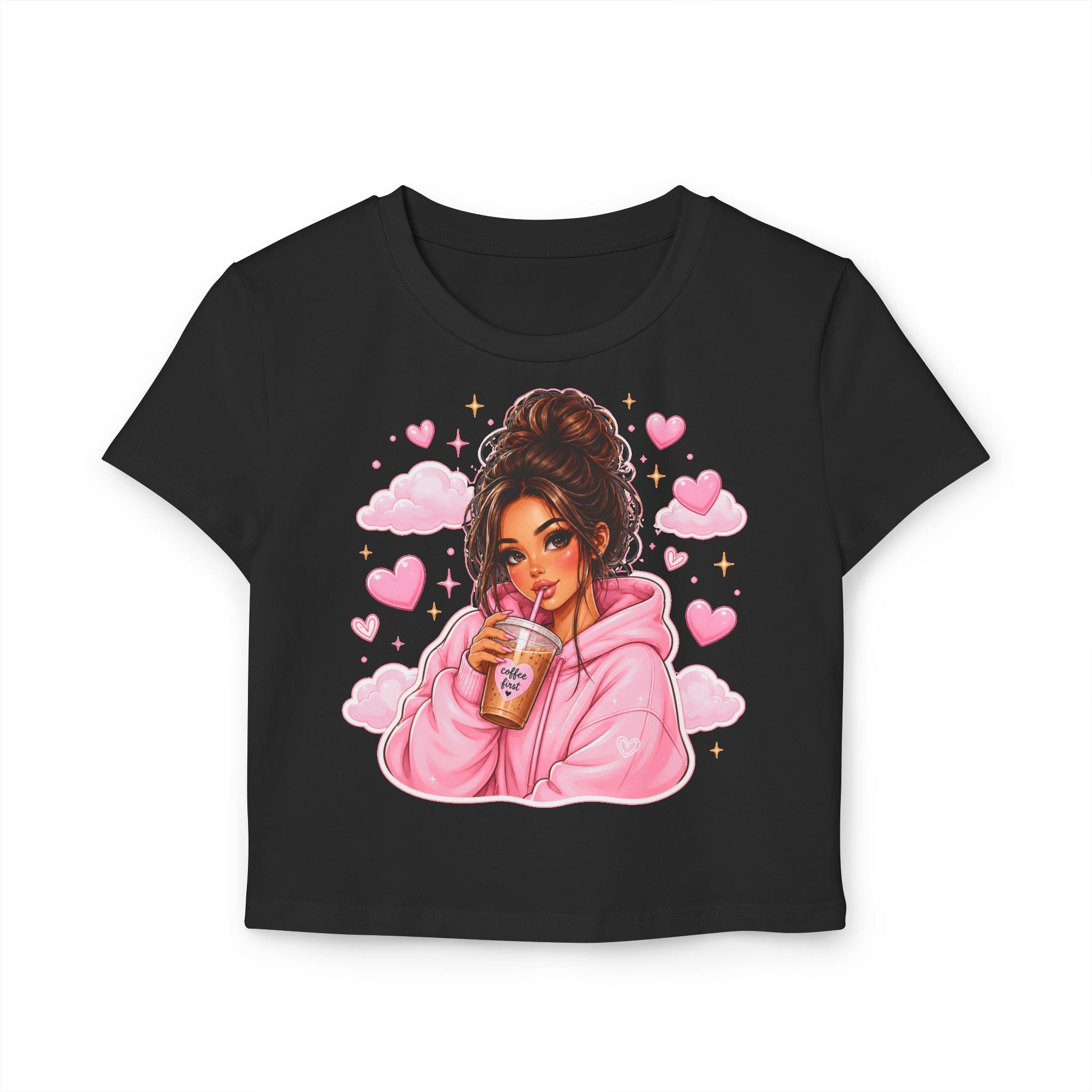 Baby Tee — Cute Girl Drinking Coffee Illustration, Pink Hearts Cozy Aesthetic Top