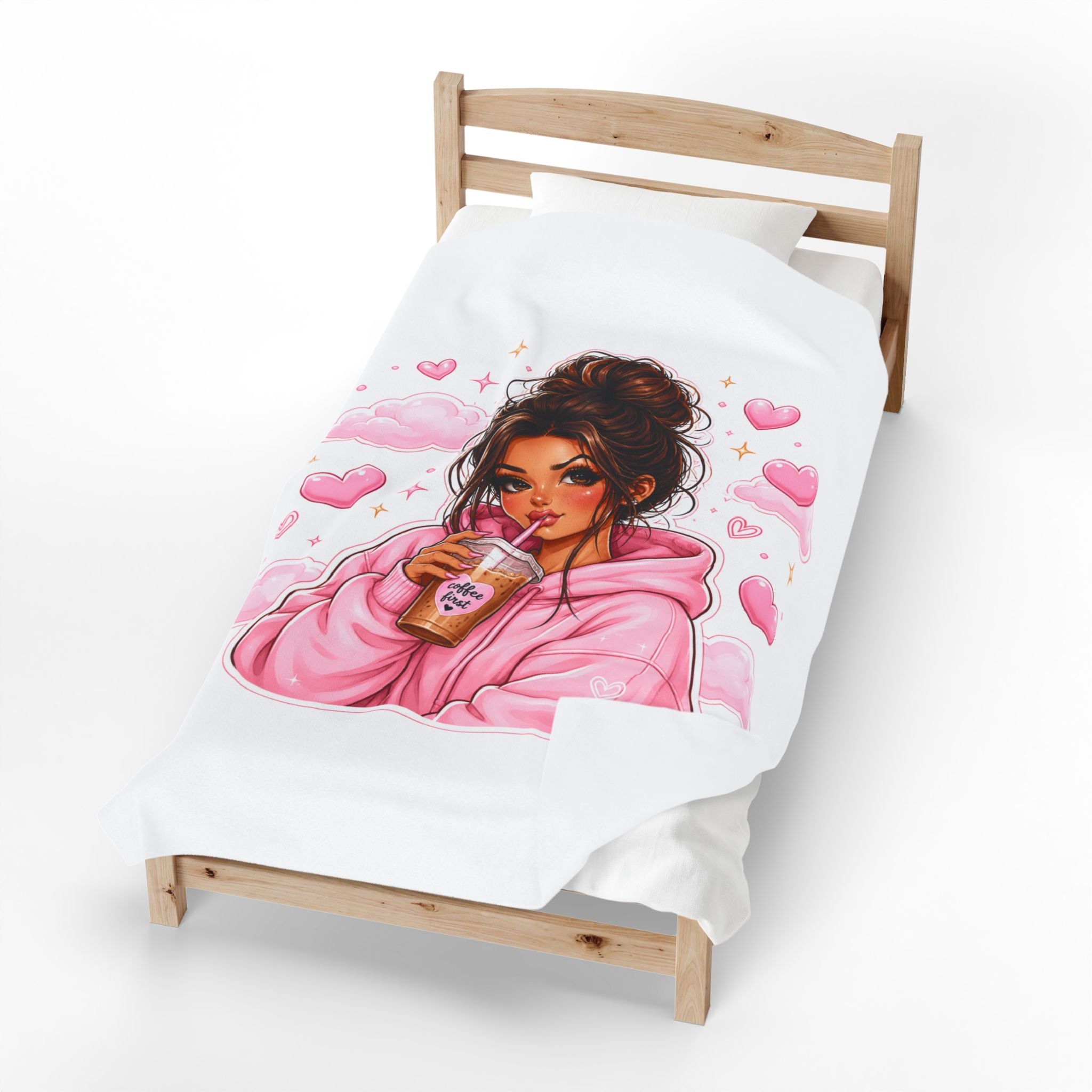 Velveteen Plush Blanket — Cozy Pink Hoodie Girl with Coffee Illustration