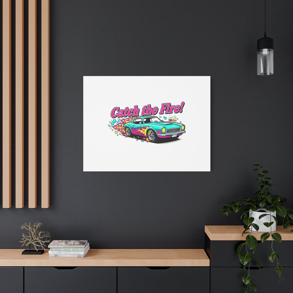 Catch the Fire Retro Car Canvas | Cartoon Racing Flame, Vintage Car Illustration