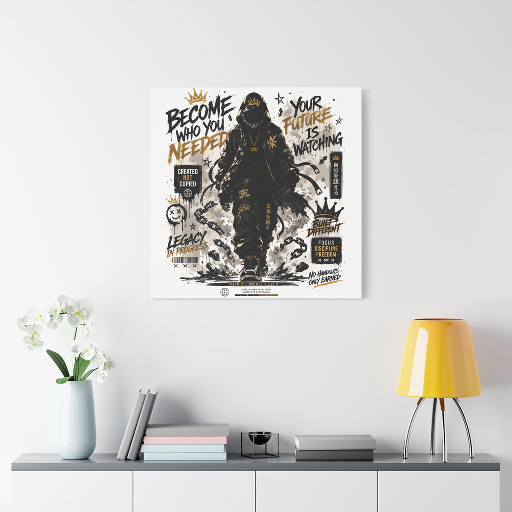 Motivational Street Art Canvas — "Become Who You Needed" Stretched Matte Print