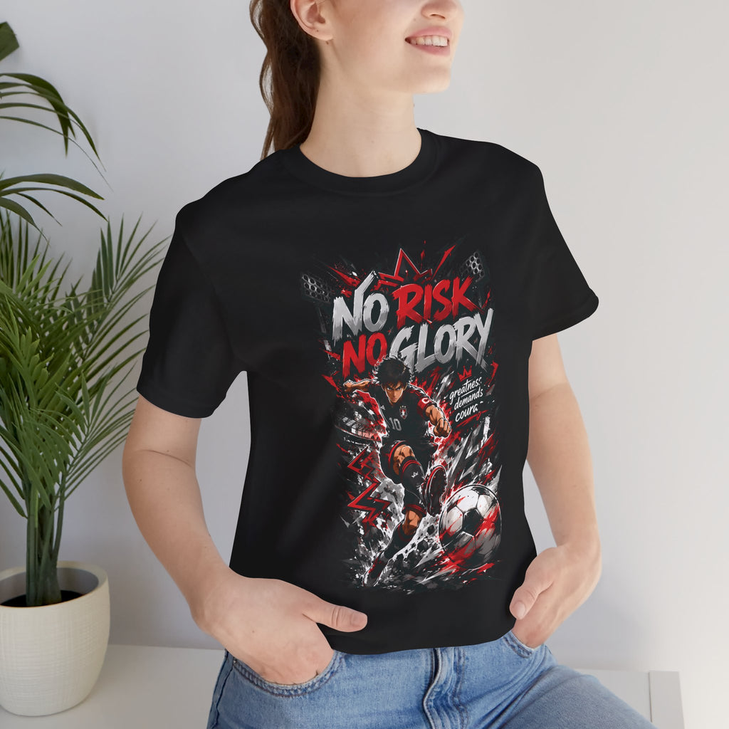 No Risk No Glory Soccer T-Shirt — Dynamic Football Player Graphic Tee