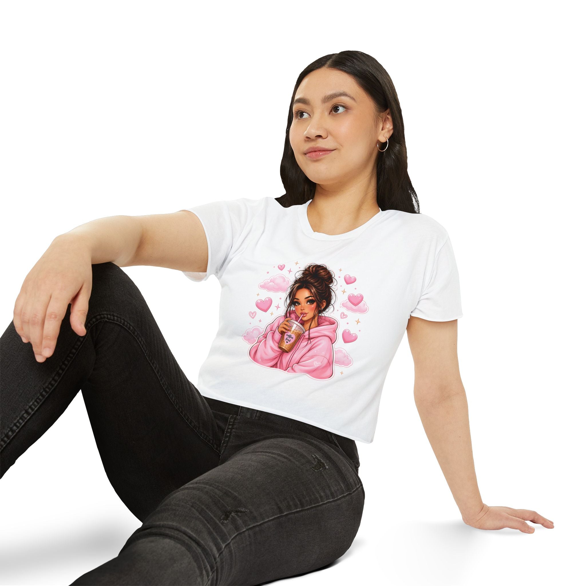 Women's Crop Top — Cute Pink Hoodie Girl Drinking Boba Illustration
