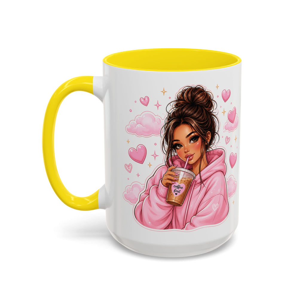 Cute Girl Pink Hoodie Coffee Mug — Iced Coffee Aesthetic Accent Mug (11/15oz)