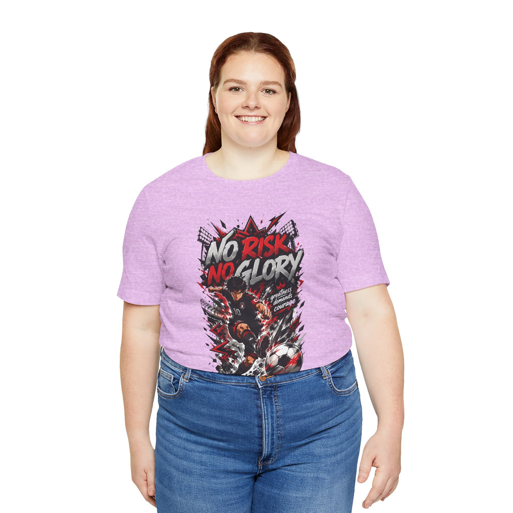 No Risk No Glory Soccer T-Shirt — Dynamic Football Player Graphic Tee