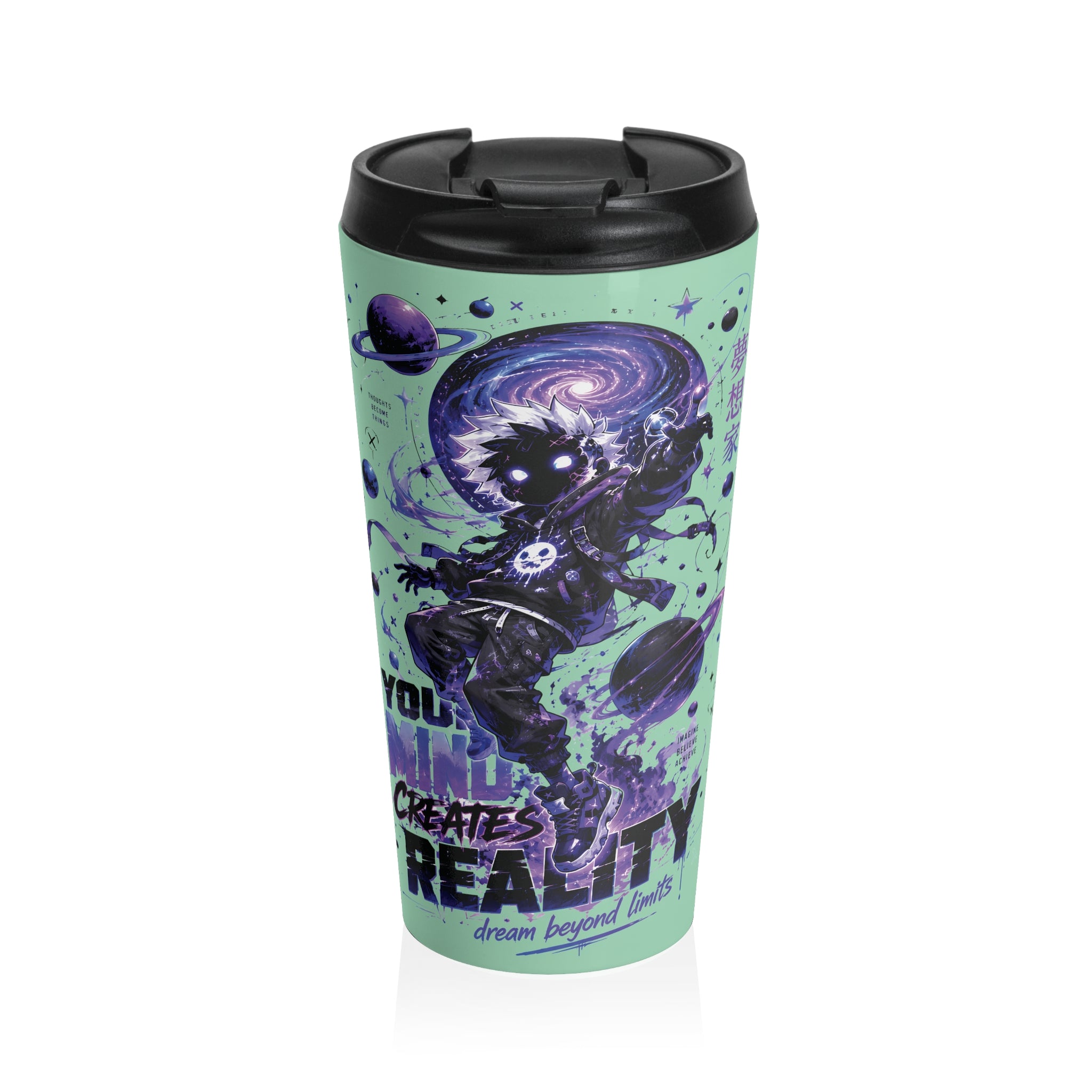 Cosmic Dreamer Travel Mug — 'Your Dream Creates Reality' Stainless Steel Tumbler (Seafoam)