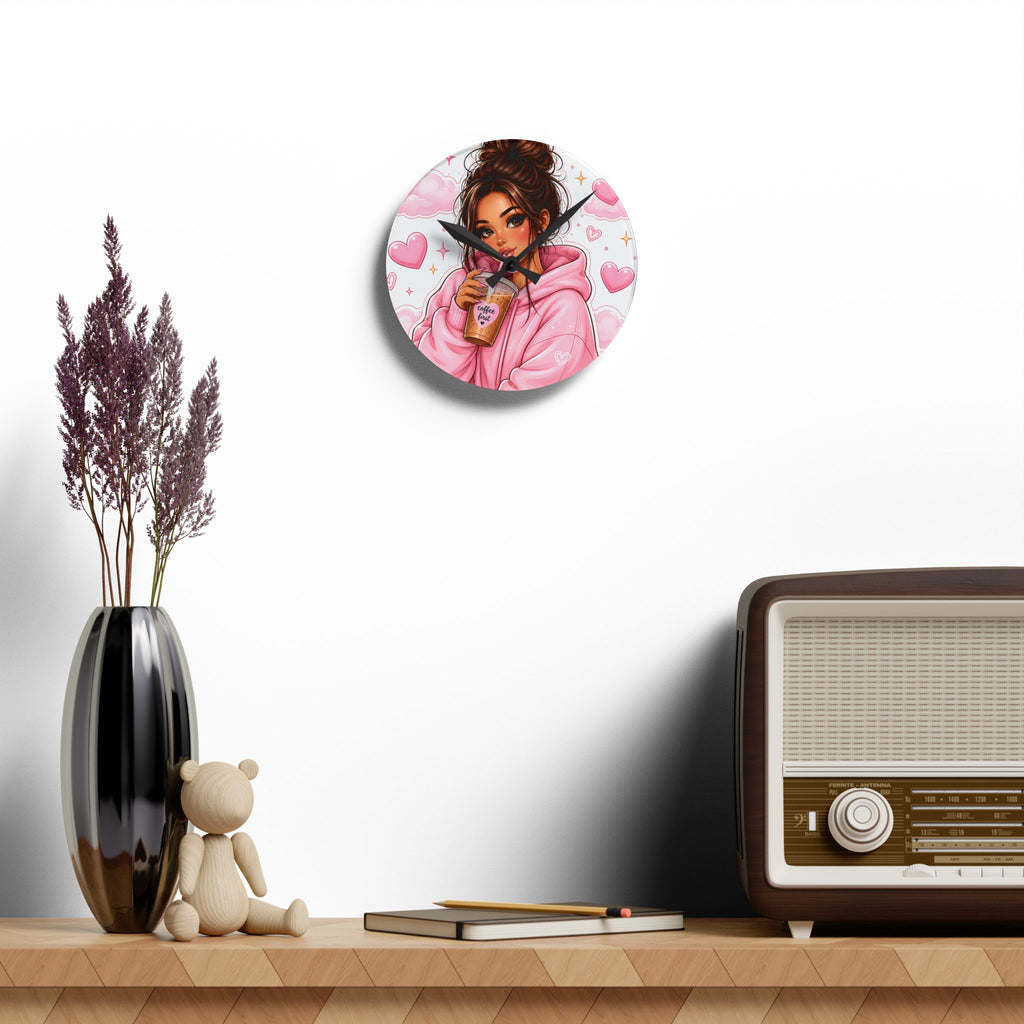 Cozy Pink Hoodie Girl Acrylic Wall Clock