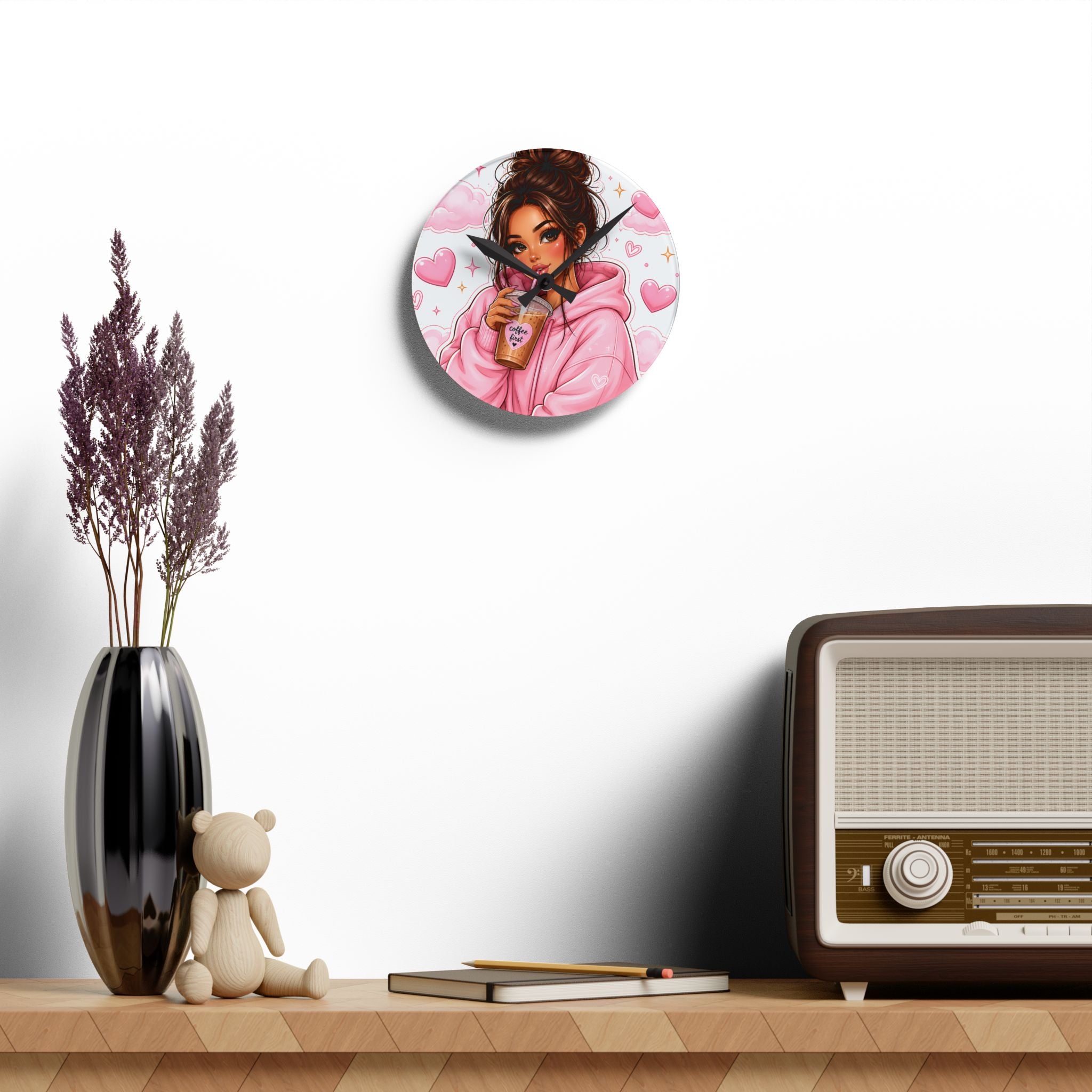 Cozy Pink Hoodie Girl Acrylic Wall Clock